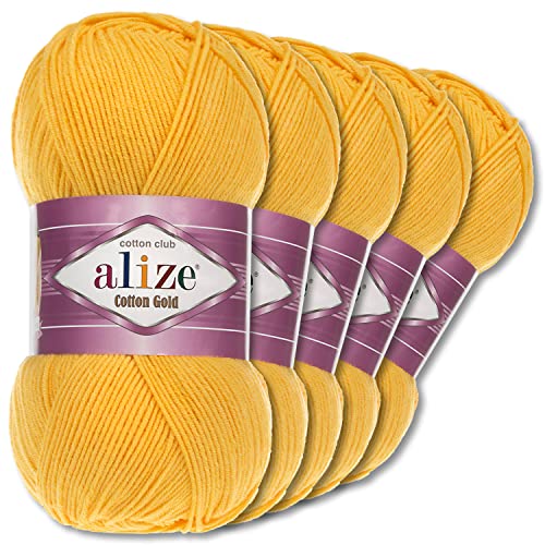 Wohnkult Alize 5 x 100 g Cotton Gold Premium Wolle| 39 Farben Sommerwolle Garn Stricken Amigurumi (216 | Gelb)