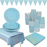 Blau und Gold Dot Paper Party Tableware Supplies - Dinner/Dessert Plates, Cups, Napkins, Straws, Banner, Tablecloth for Birthday Party, Wedding, Bridal Shower - Serves 25