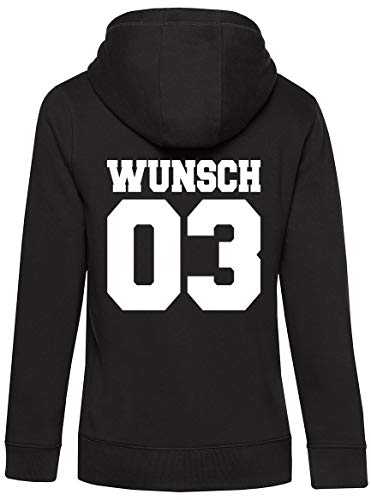 Coole-Fun-T-Shirts Partnerlook mit Wunschname & Wunschnummer INDIVIDUALISIERBAR – Hoodie Damen Schwarz-Weiss Gr.M