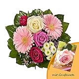 Dominik Blumen und Pflanzen, Blumenstrauß "Tango" aus 3 Rosen, Ranunkel, Chrysantheme und Gerbera und Grußkarte "Rosen"