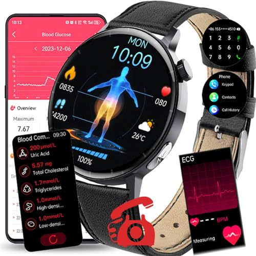 Fohatu 𝐄𝐂𝐆𝐏𝐏𝐆 Smartwatch 𝐛𝐥𝐮𝐭𝐳𝐮𝐜𝐤𝐞𝐫𝐛𝐥𝐮𝐭𝐳𝐮𝐜𝐤𝐞𝐫𝐦𝐞𝐬𝐬𝐮𝐧𝐠,Smartwatch Mit Bluetooth-Anrufe Harnsäure Blutfette Blutdruck Monitor,D