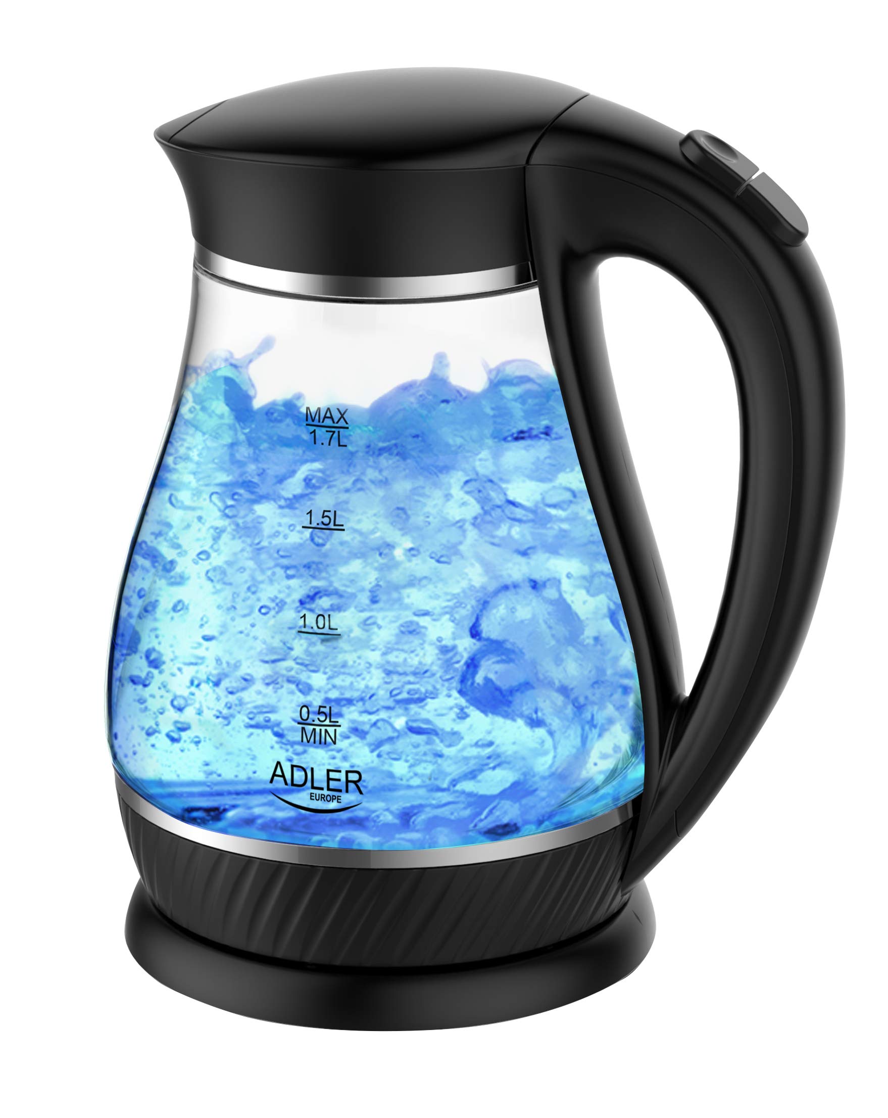 Adler Black Wasserkocher aus Glas mit einem Fassungsvermögen von 1,7 Liter und 2000 W Leistung AD 1274 schwarz, 2200, Edelstahl, 1.7 liters