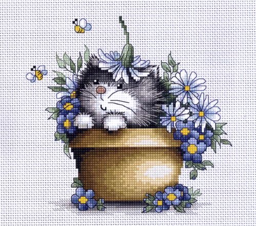 Luca-S Kätzchen in Blumen Kreuzstichset, Baumwolle, Mehrfarbig, 16x15,5cm