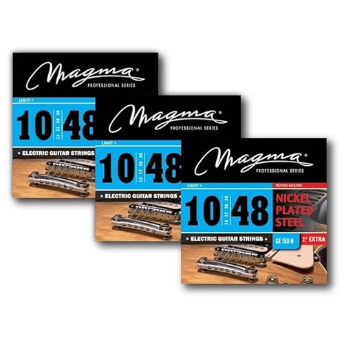 Magma Light + Saiten für E-Gitarre – vernickelte Stahlsaiten 0,3 Zoll – 0,48 Zoll (Saitenstärke 10, 13, 17, 28, 38, 48) – (GE150N) – 3 Sets