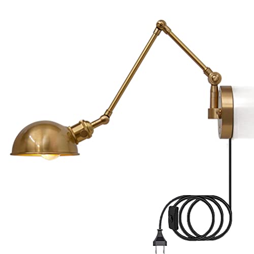 Rustikale Wandleuchte mit Stecker, Messing Wandlampe mit schalter Verstellbarer Schwenkarm Nachttisch Wandbeleuchtung Leselampe mit 2,0 m Kabel für Schlafzimmer Bettseite Wohnzimmer Esszimmer Gold