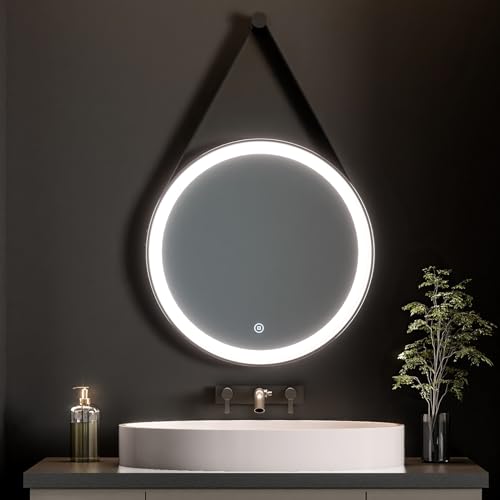 Heilmetz Badspiegel Rund 60cm Durchmesser Badspiegel mit Beleuchtung 6500K Kaltweiß Lichtspiegel LED Badezimmerspiegel mit Touchschalter, Wasserdicht IP44, Schwarz Rahmen