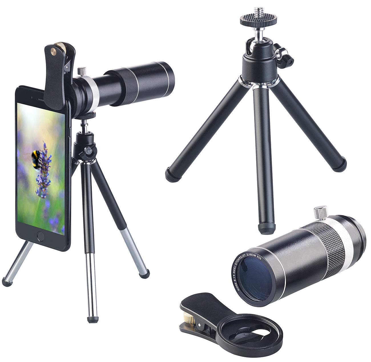 Somikon Vorsatzlinse: Vorsatz-Tele-Objektiv 20x für Smartphones, Aluminium-Gehäuse & Stativ (Teleskop Smartphone Objektiv, Vergrößerungs-Teleobjektiv, iPad Halterung)