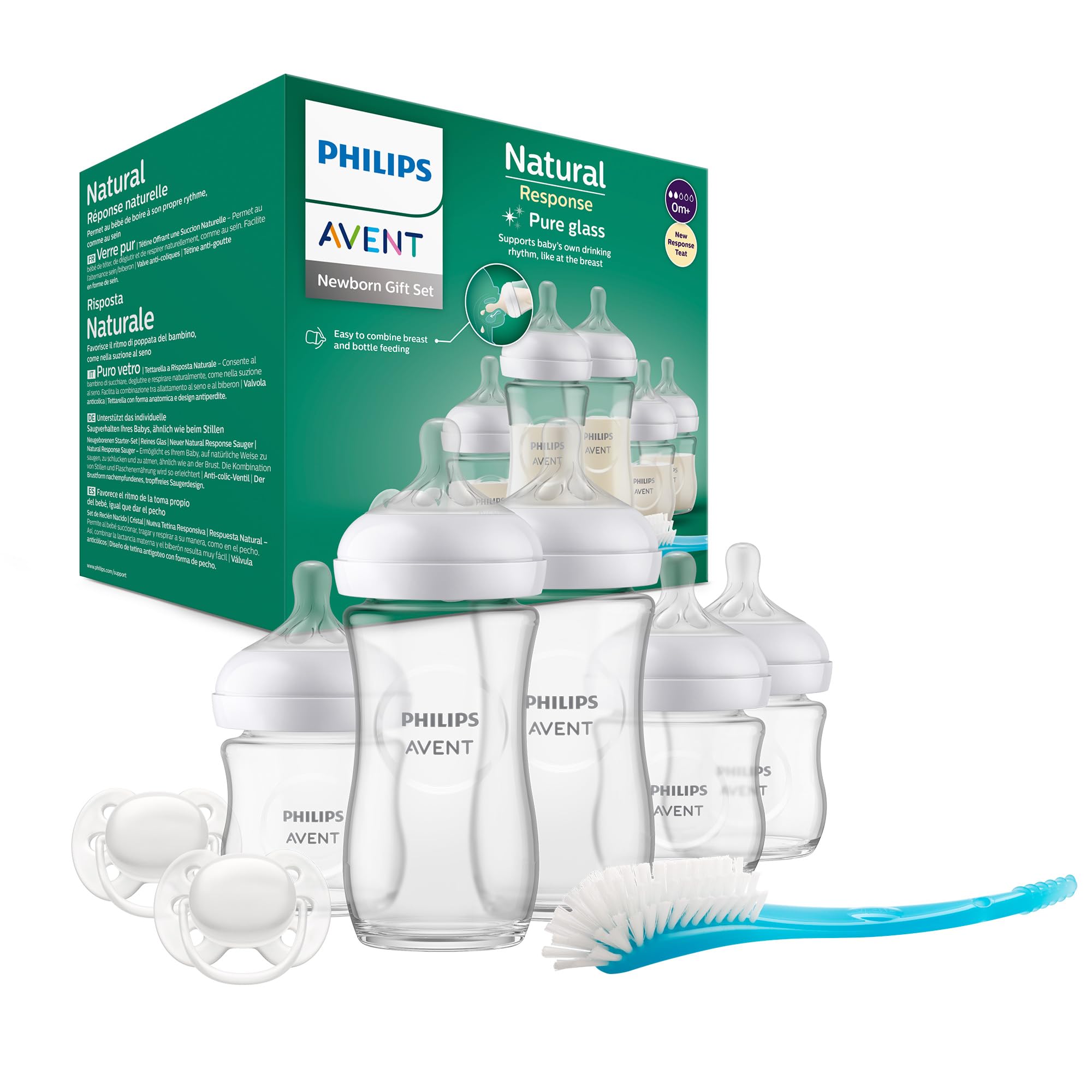 Philips Avent Natural Response Glas-Geschenkset für Neugeborene – 3 x 120 ml und 2 x 240 ml Babyflaschen, 2 x ultra soft Schnuller 0–6 Monate, Flaschenbürste, BPA-frei (Modell SCD879/11)
