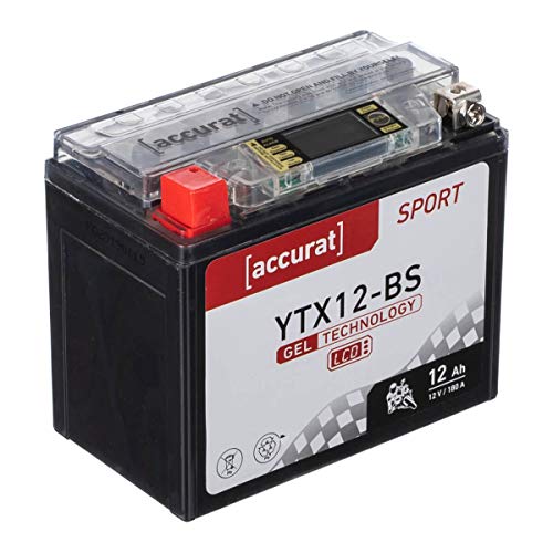 Accurat Motorradbatterie YTX12-BS - 12V, 12Ah, 180A, rüttelfest, wartungsfrei, LCD Display - Starterbatterie, Gel Batterie in Erstausrüsterqualität für Rasentraktor, Roller, Motorrad, Quad