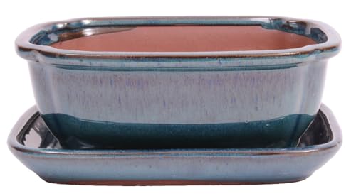 Bonsai - Schale eckig 22 x 17 x 8.5 cm, grünblau, mit Untersetzer 23196