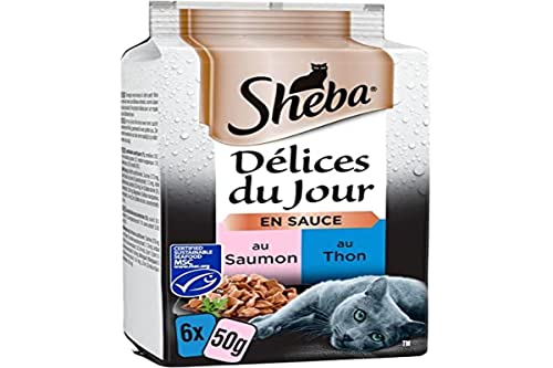Sheba Délices du Jour - Nassfutter für ausgewachsene Katzen - Auswahl aus Lachs und Thunfisch MSC in Sauce - Frischebeutel 72 x 50g