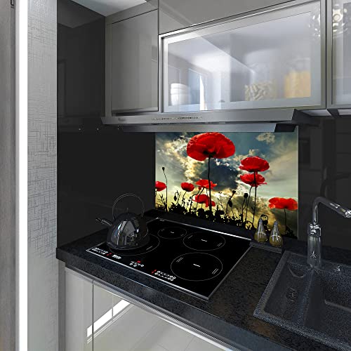 Spritzschutz, Panel Küche, gehärtetes Glas, rote Mohnblumen, jede Größe, Va Art Glas (Breite 80 x Höhe 70 cm)