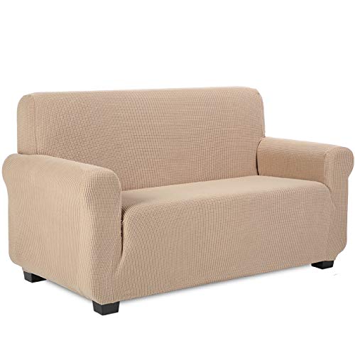 TIANSHU Sofabezug 2 sitzer, Stretch Spandex Couchbezug Sesselbezug Elastischer Antirutsch Stretchhusse Weich Stoff,Jacquard-Stretch-Sofabezug, Schonbezug für Sofa-Sofahalter(2 Sitzer,Sand)