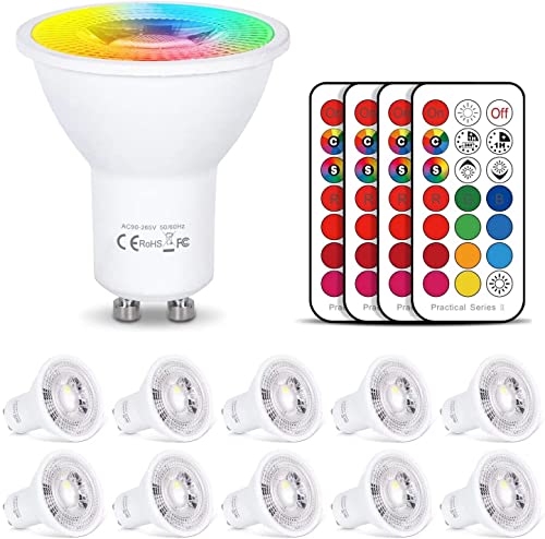 LED Lampe GU10 RGB+Warmweiß Farbwechsel Spot Licht Dimmbar 3W, 200LM, AC 85V - 265V, mit IR-Fernbedienung für Wandleuchte, Schienenleuchte, Deckeneinbauleuchte (4 Lampen + 4 Fernbedienungen)