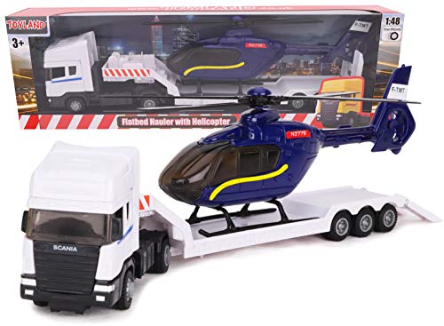 Toyland® Scania Pritschenschlepper mit Hubschrauber - Maßstab 1:48 - Freilauf - Transportspielzeugspielzeug - Fahrzeugsammelobjekte - Jungenspielzeug (Weißer LKW/Blauer Hubschrauber)