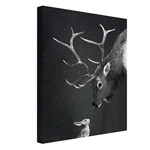 Bilderwelten Leinwandbild - Illustration Hirsch und Hase Schwarz Weiß Malerei 40 x 30 cm
