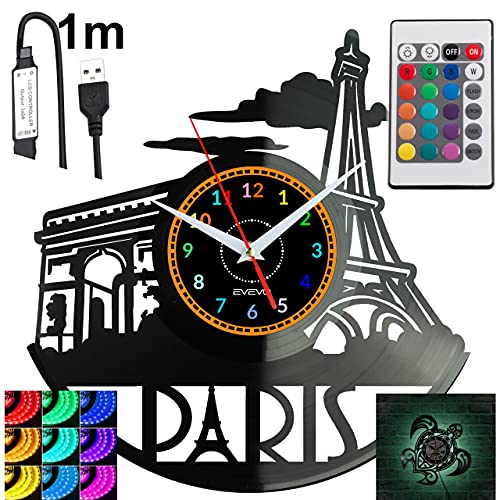 EVEVO Paris RGB LED Pilot Wanduhr für Fernbedienung Schallplatte Modern Dekorativ für Geburtstagsgeschenk Tolles Geschenk Uhr