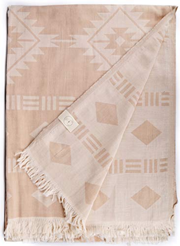Bersuse 100% Baumwolle - Belize XXL Überwurf Decke Türkisches Handtuch - Mehrzweck Bett- oder Sofa-Überwurf - Azteken Design auf Handwebstuhl Peshtemal - 190 x 230 cm, Beige