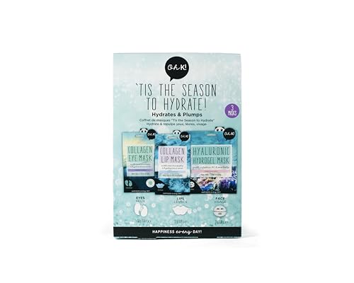 Oh K! Tis The Season To Hydrate Set, Vegan and Cruelty Free Pamper Set, Face Eye and Lip Mask, Collagen Infused, Hyaluronsäure, 3-teiliges Set
