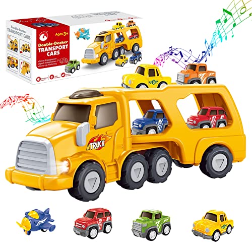 OBEST 5 in 1 Auto Spielzeug für Kinder, LKW Spielzeug Transporter für 2 3 4 5 Jahre Junge mit 3 Mini-Autos Kinder Truck und 1 Hubschrauber, Anhänger zum Abkoppeln, Trägheitsspielzeugauto Geschenk