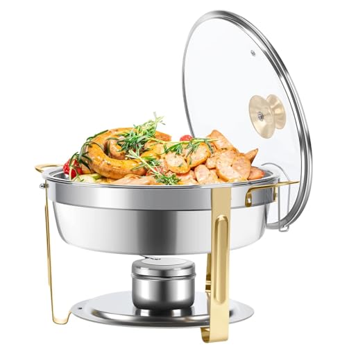 RSBFER Chafing Dish-Buffet-Set aus Edelstahl, runde Chafer-Wärmer mit Glasdeckel für Catering, Partys und Hochzeiten,Gold,1Pack