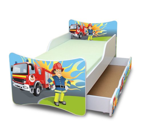 Best For Kids Kinderbett mit Schaummatratze mit TÜV Zertifiziert 80x160 - Feuerwehr MIT SCHUBLADE