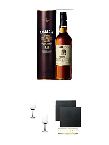 Aberlour 10 Jahre Single Malt Whisky 0,7 Liter + Nosing Gläser Kelchglas Bugatti mit Eichstrich 2cl und 4cl - 2 Stück + Schiefer Glasuntersetzer eckig ca. 9,5 cm Ø 2 Stück