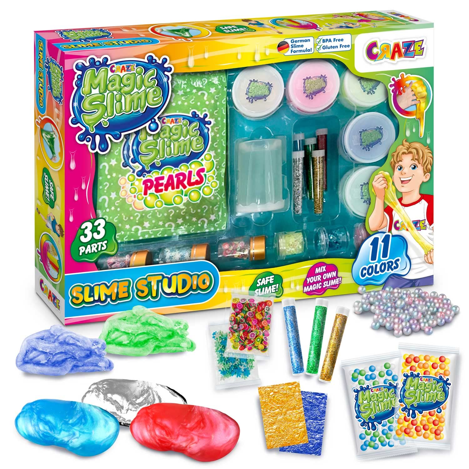 CRAZE Magic Slime Studio Schleim Selbermachen Set DIY Slime Kit 11 Farben mit Zubehör Fluffy Slime mit Perlen Glitzer & Spezialleffekte Schleim Kinder 32862, Bunt, 36.5 x 5.8 x 25.5 cm