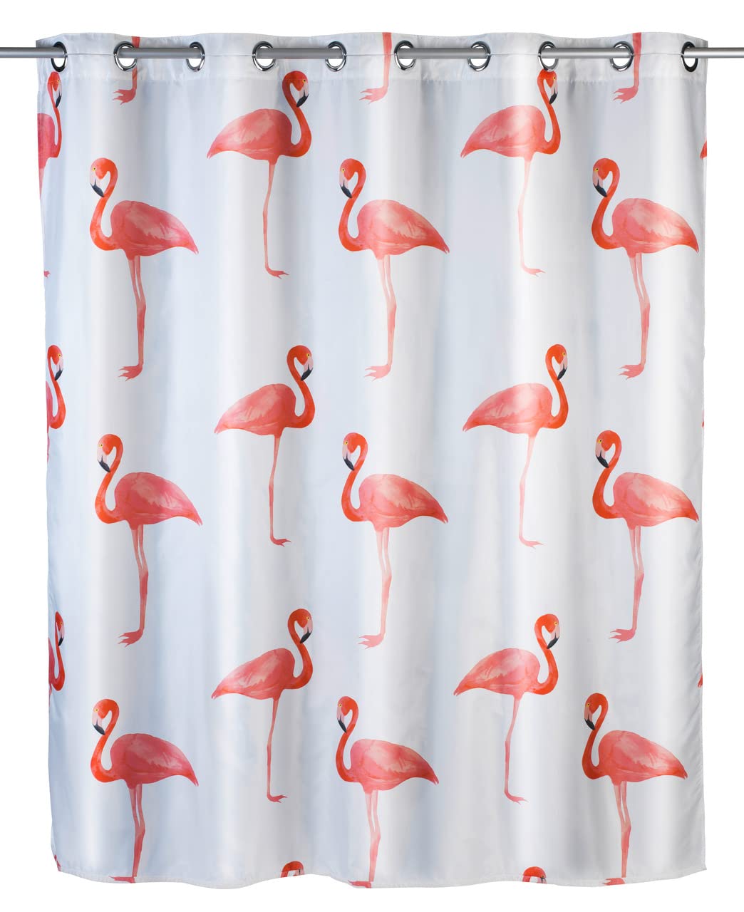 WENKO Anti-Schimmel Duschvorhang Flamingo Flex, Textil-Vorhang mit Antischimmel Effekt, große integrierte Ringe zur Befestigung an der Duschstange, waschbar,wasserabweisend, 180 x 200 cm