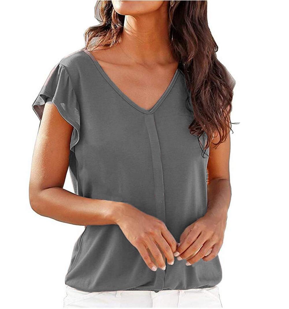 YUTILA Damen T Shirt V-Ausschnitt Kurzarm Oberteile Tunika Casual Sommer Falten Bluse