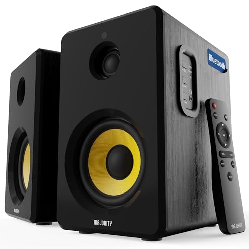 MAJORITY Active Bookshelf Speakers | Bluetooth HiFi Speakers with 60 Watts, Kevlar Yellow Speaker Cone, Amplified 2.0 Channel Sound | Remote Control Included, Optical, RCA, USB & Aux Playback D40X