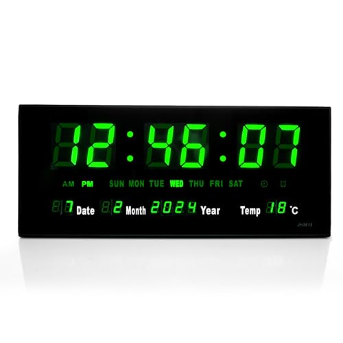 TruWare Just Camp Wanduhr Digital Groß LED Uhr mit Kalender Temperaturanzeige Studiouhr für Gewerbe Cafes Kiosk Digitaluhr XL (Grün)