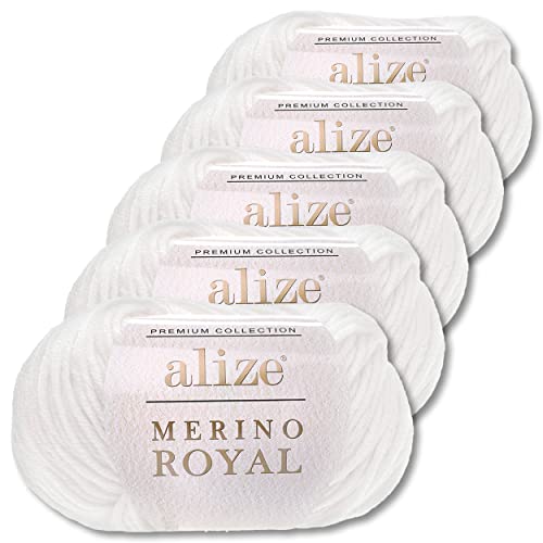 Alize 5x50 g Merino Royal 100% Merinowolle Farben zur Auswahl Superwash Wolle (55 | Weiß)