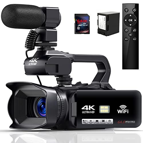 4K Videokamera Camcorder 64MP 60FPS 18X Digital Zoom Auto Focus Vlogging Camera for YouTube, 4.0" Touch Screen HD WiFi Videokamera mit 4500mAh Battery, 64G SD-Karte, Stabilizer, Microphone and Remote