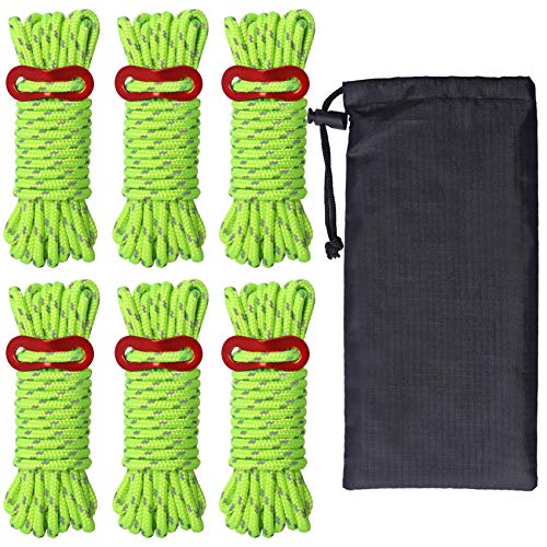 HIKEMAN Abspannseil 4 mm reflektierende Schnur Abspannleine Zelt-Führungsseil mit Aluminium-Einsteller, 4 m, 6 Stück für Zelt-Planen, Outdoor-Verpackung (Fluorescent Green)