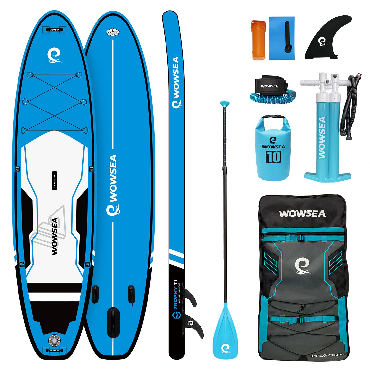 WOWSEA Trophy T1 Aufblasbares Stand Up Paddle Board, Langlebiges und Stabiles Jagen Paddel Board, Angeln & Erkunden Paddleboard mit Zubehör-Kit, Gute Wahl für Aquatische Erholung und Freizeit