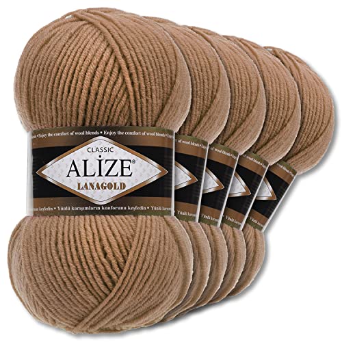 Alize 5 x 100 g Lanagold Wolle | 53 Auswahl | Stricken Häkeln Wolle (466 | Dunkelbeige)