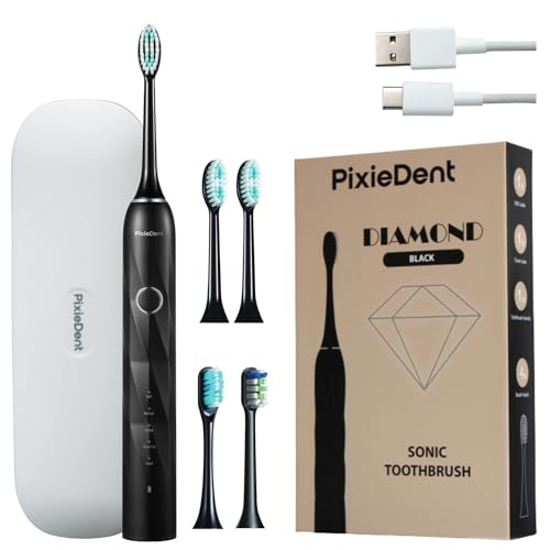 PixieDent Diamond Sonic Elektrische Zahnbürste Zähne 5 Modi 96000VPM extrem stark IPX8 (Schwarz)