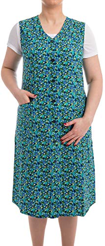 Tobeni Damen Kittelschürze Knopf-Kittel lang in 100% Baumwolle ohne Arm mit Taschen Farbe Design 39 Grösse 44