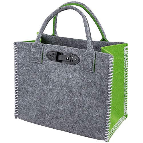 Formano Filztasche Shopping-Bag faltbar, 34x20cm, 1 Stück, Hellgrau Grün, mit Kunstlederschnalle und gesticktem Rand