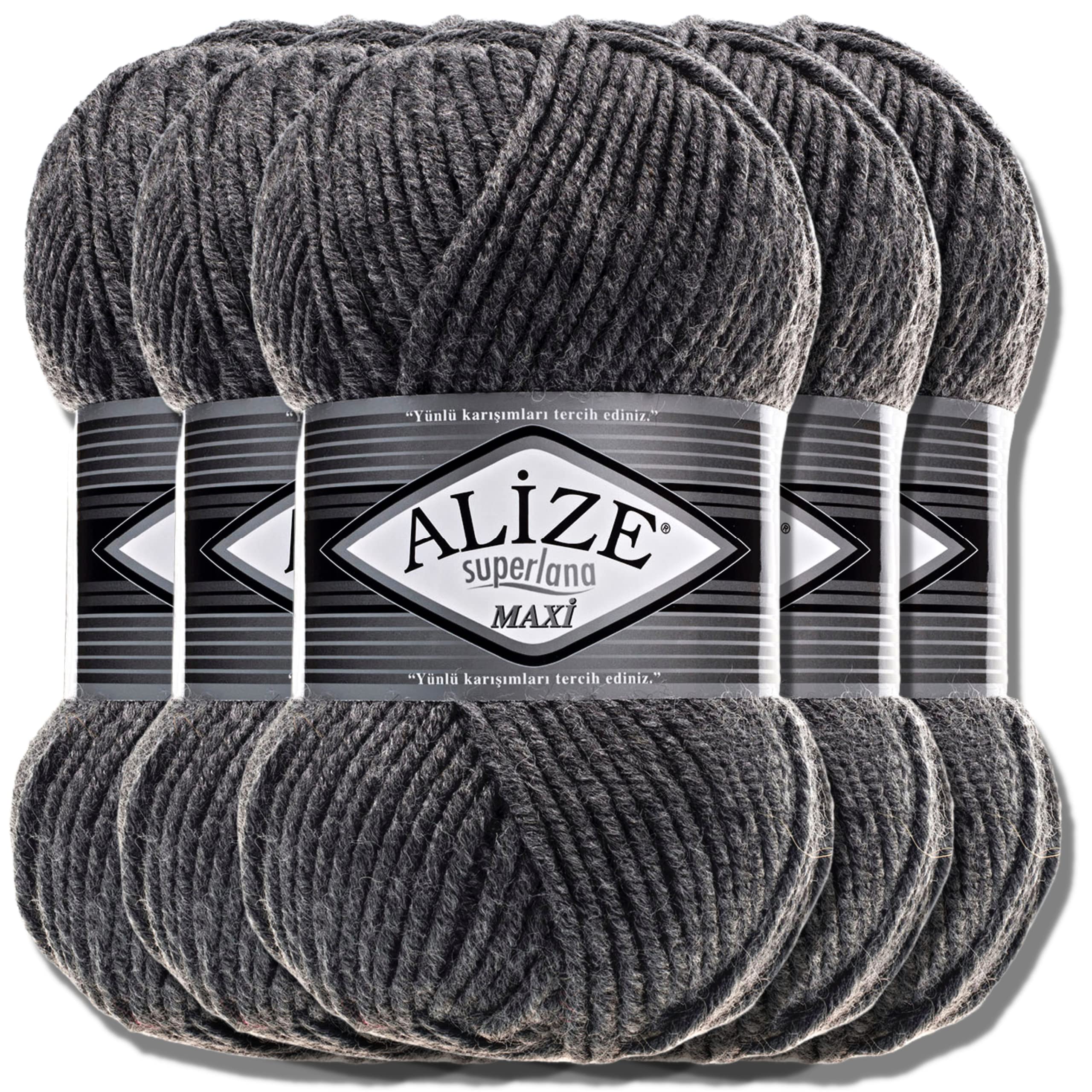 Alize 5 x 100g Superlana Maxi Türkische Premium Wolle Baumwolle und Acryl Uni Handstrickgarne | Yarn | Garn | Strickgarn Einfarbig Baby zum Häkeln Stricken Kleidung Schals (Medium Grey Melange |182)