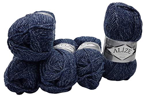 Alize 5 x 100 Gramm Superlana Maxi Wolle, 500 Gramm Strickwolle 75% Acryl 25% Wolle (d. blau meliert 805)