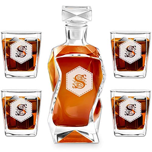 Murrano Whiskey Karaffe + 4er Whiskygläser Set mit Gravur - 700ml Whisky Dekanter - Geschenk zum Geburtstag für Männer - Buchstabe