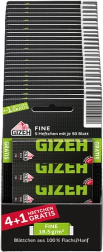 GIZEH BLACK Fine Blisterkarte 4 + 1 – Dünne Blättchen zum Selbstdrehen – Blättchen mit Cut Corners – 5 er Pack á 50 Premium Paper (18.5 g/m²)