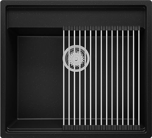 Spülbecken Schwarz Metallic 58x53 cm, Granitspüle 1 Becken + Ablauf-Set, Küchenspüle ab 60er Unterschrank, Einbauspüle von Primagran