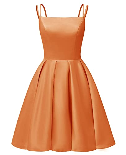WSEYU Doppelter Spaghettiträger Homecoming Kleid mit quadratischem Ausschnitt Satin Plissee Midikleid mit Taschen für Jugendliche, Orange, 34