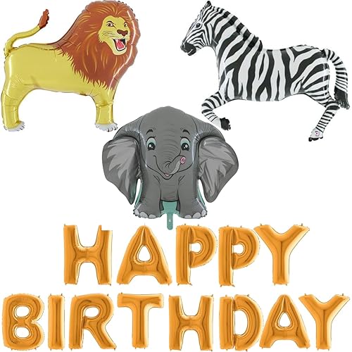 Toyland® Jungle Birthday Balloon Pack - 1 x 16 Zoll Happy Birthday Ballon Banner, 1 x 32 Zoll Löwe, 1 x 26 Zoll Zebra, 1 x 40 Zoll Elefantenballon & 20 x 12 Zoll Latexballons