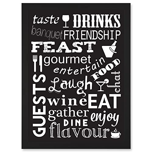 Drink Food Feast Wine Kitchen Words Black Quote Artwork Framed Wall Art Print A4