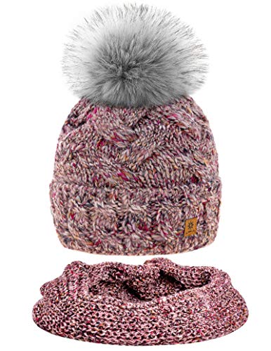MFAZ Morefaz Ltd Set Mütze & Schal Winter Damen Alpaka Wolle Beanie Strickmütze Wurm Fleece Bommel Pom Pom (Rose Pink Set Hat&Scarf)
