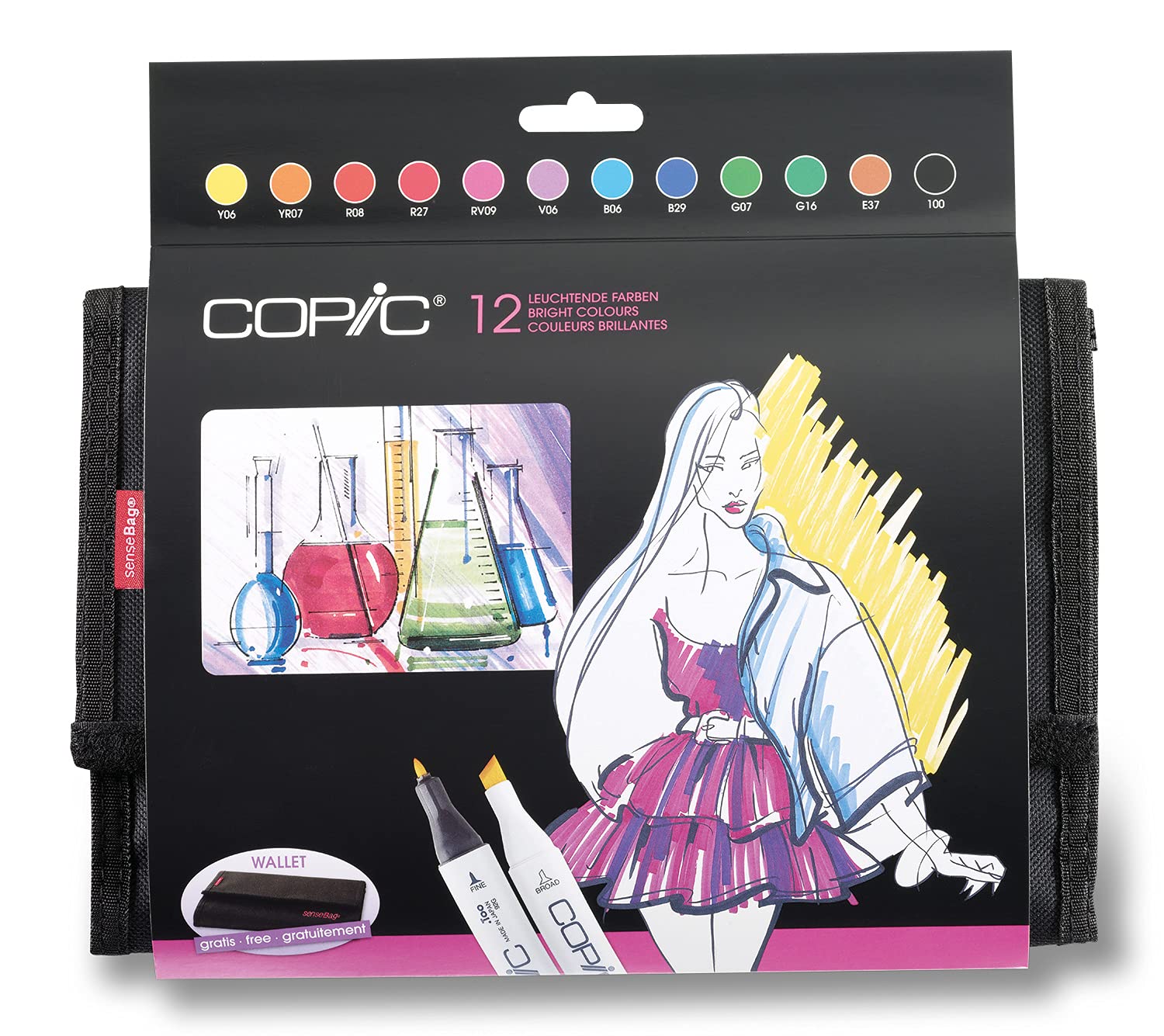 COPIC Classic Marker 12er Set "Leuchtende Farben" im Wallet, professionellee Layoutmarker mit einer mittelbreiten und einer feinen Spitze